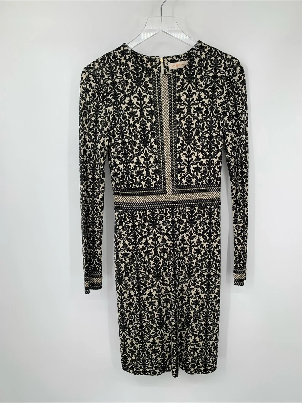 Tory Burch Damask paisley silk jersey shift dress black white pattern Small